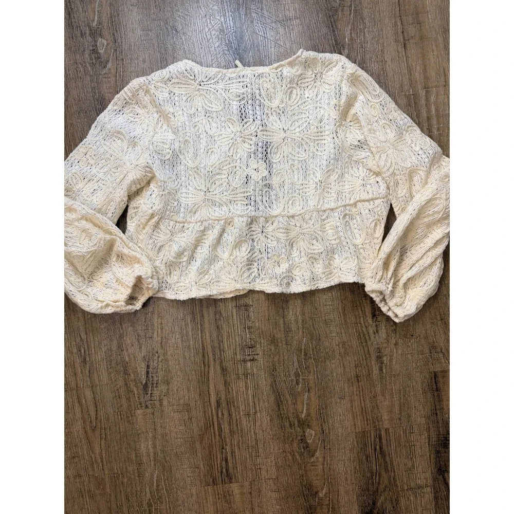 Cream Floral Lace Tie Front Shrug Cardigan Puff Sleeve Cropped Boho Top